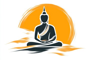 Poster - A minimalist design of a golden Buddha statue silhouette framed by a simple outline of an ubosot roof on a white background