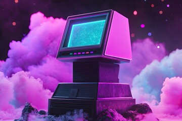 Poster - Retro Computer in a Neon-Lit, Dreamlike Landscape