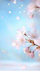 Poster - Soft Focus Photo of Blooming Cherry Blossom Flowers on Tree Branch with Pastel Bokeh Background