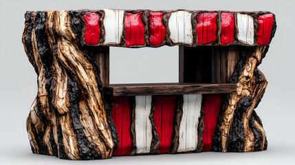 Sticker - A uniquely designed wooden shelf with a textured bark-like surface, featuring vibrant red and white stripes, combining rustic charm with artistic flair.