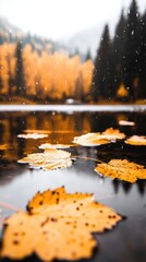 Wall Mural - Autumnal Tranquility Fallen Leaves Drifting on a Serene Pond