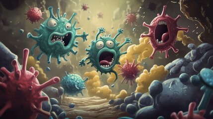 Poster - Colorful cartoon bacteria engage in a playful battle against antibodies in a whimsical microscopic world. Generative AI