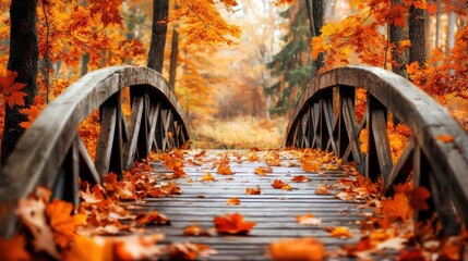 Wall Mural - Enchanting Autumnal Bridge Crossing Tranquil Forest Stream in Fall Landscape