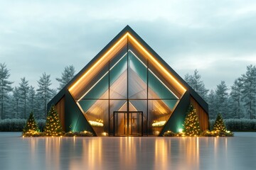 Poster - A simple geometric depiction of the Emerald Ubosot gable roof, with golden accents and emerald green highlights on a plain background