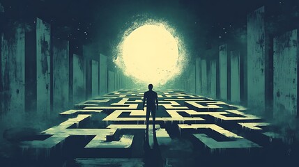 Man in maze with bright light, cityscape background