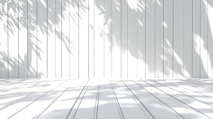 Poster - White wooden room with leaf shadows, ideal for product placement