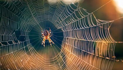 Wall Mural - macro shot of a spider lurking on threads of its spiderweb