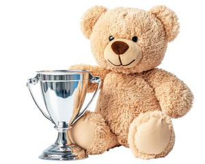 plush teddy bear sits beside shiny silver trophy, showcasing delightful and charming scene. bear soft texture contrasts with trophy metallic sheen