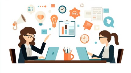Poster - two business colleagues collaborating on laptop and discussing work in office