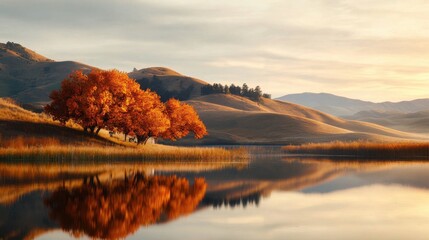 Wall Mural - Breathtaking Autumn Landscape with Reflection of Colorful Trees in Calm Mountain Lake