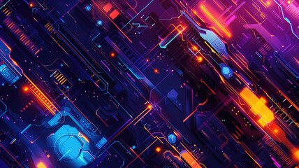 Poster - Explore a vibrant cyberpunk abstract background featuring blue, purple, and orange hues. Ideal for futuristic themes, digital designs, or artistic projects.