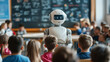 © Infinity Lens - Robot standing in elementary or primary kindergarten school classroom full of toddler preschool boys and girls. kids or children education, ai artificial intelligence teacher, futuristic technology.