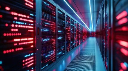Poster - Futuristic Data Center with Vibrant Lighting and Digital Connectivity