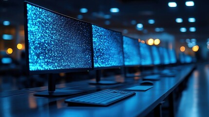 Poster - Row of Computers with Glowing Blue Data Streams in a Modern Office Setting