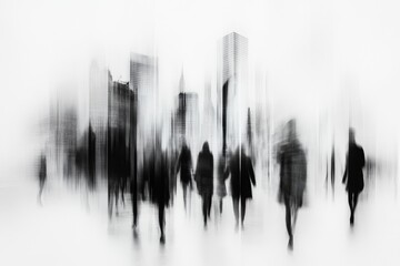 Wall Mural - An abstract representation of a busy urban street with simple lines for cars, people, and buildings, rendered in bold black and white