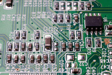 Wall Mural - printed circuit board with SMD components, macro photo