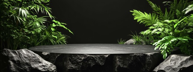 Canvas Print - Dark Stone Product Display with Lush Plants