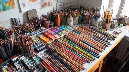 Poster - An artistic mix of colored pencils and watercolor paints on a messy, creative workspace.
