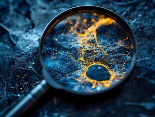 Poster - Close-Up View Through Magnifying Glass Reveals Mystical Blue and Orange Sparkling Texture on Dark Surface with Cosmic Imagery and Radiant Details