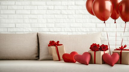 Canvas Print - Living room adorned with red hearts and roses, featuring a grey sofa and gift boxes, creating a festive Valentine s Day atmosphere.