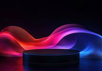 Aufkleber - Vibrant, flowing waves of light in shades of pink, purple, and blue illuminate a circular platform against a dark background, creating an engaging visual display.