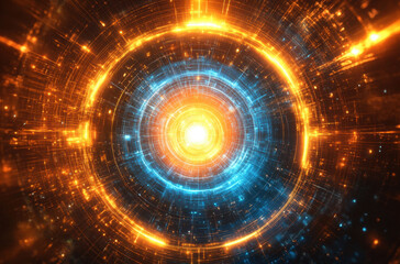 Aufkleber - Bright blue and orange light spirals outward from a central point, creating an energetic and captivating abstract pattern. The vibrant colors blend together, suggesting motion.