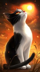 Canvas Print - Black and White Cat Looking Up at the Sun