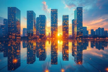 Wall Mural - dramatic low angle view of modern glass skyscrapers against blue sky contemporary urban architecture with reflective facades reaching towards clouds at sunset