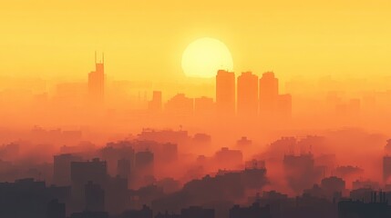 Poster - A city skyline shrouded in thick smog during sunrise, illustrating severe air pollution.