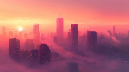 Poster - A city skyline shrouded in thick smog during sunrise, illustrating severe air pollution.