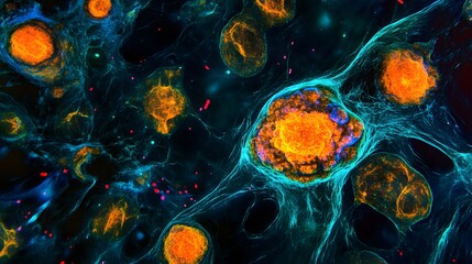 Poster - Close-up Visual Representation of Microscopic Cells with Vibrant Orange and Blue Details Showcasing Cellular Structures and Biological Processes