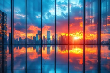 Wall Mural - dramatic low angle view of modern glass skyscrapers against blue sky contemporary urban architecture with reflective facades reaching towards clouds at sunset
