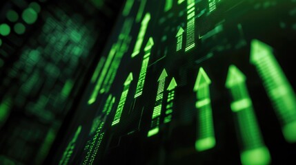Poster - A close-up of a stock market screen showing green arrows and a growing financial graph, representing positive market trends.