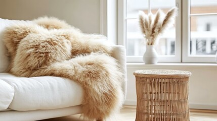 Wall Mural - Beige Fur Throw on a Light Cream Sofa