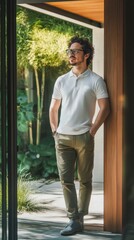 Poster - Confident man in contemporary home reflecting tranquility with nature outside