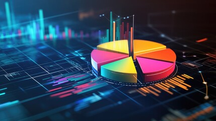 Poster - A colorful pie chart with sections labeled and arrows pointing to key data points, floating above a digital grid.