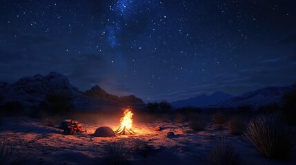 Poster - Wilderness camping by a bonfire in the desert with a stunning night sky above