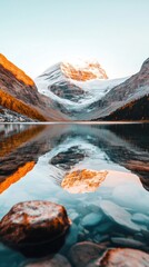 Poster - Breathtaking Reflection of Snowy Mountain Peak in Calm Alpine Lake During Autumn