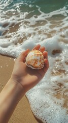 Poster - Hand holding a seashell on the beach with waves gently crashing in the background during daylight