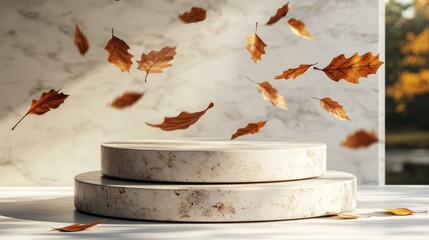 Canvas Print - Autumn Leaves Displaying on Marble Podium