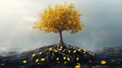 Poster - A creative illustration of a tree with golden leaves growing from the roots of a company logo.