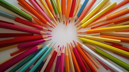 Poster - A creative shot of colored pencils arranged like rays of the sun on a white surface.