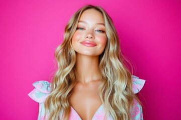 Wall Mural - Beautiful Blonde Woman in Fashionable Dress against Pink Background