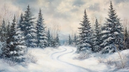 Poster - Winter landscape with tall evergreens and a winding trail blanketed in snow