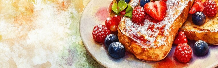 Poster - Close-up view of delicious French toast topped with powdered sugar and assorted fresh berries on a watercolor background
