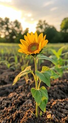 Wall Mural - Sunlit Sunflower Blossoming in a Pastoral Countryside Landscape