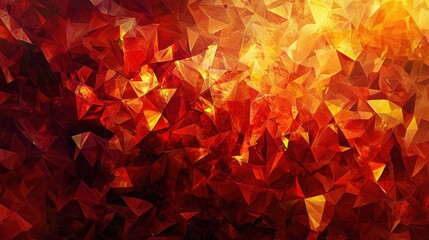 Poster - Vibrant low-poly pattern in warm hues of orange and crimson creating an energetic visual experience