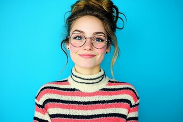 Wall Mural - Smiling Woman in Striped Sweater and Glasses