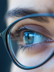 Aufkleber - Close up view of a female eye wearing vision correction glasses in clear focus. Generative AI