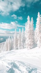 Wall Mural - Pristine Winter Wonderland Landscape with Snow Covered Trees and Serene Mountain Backdrop